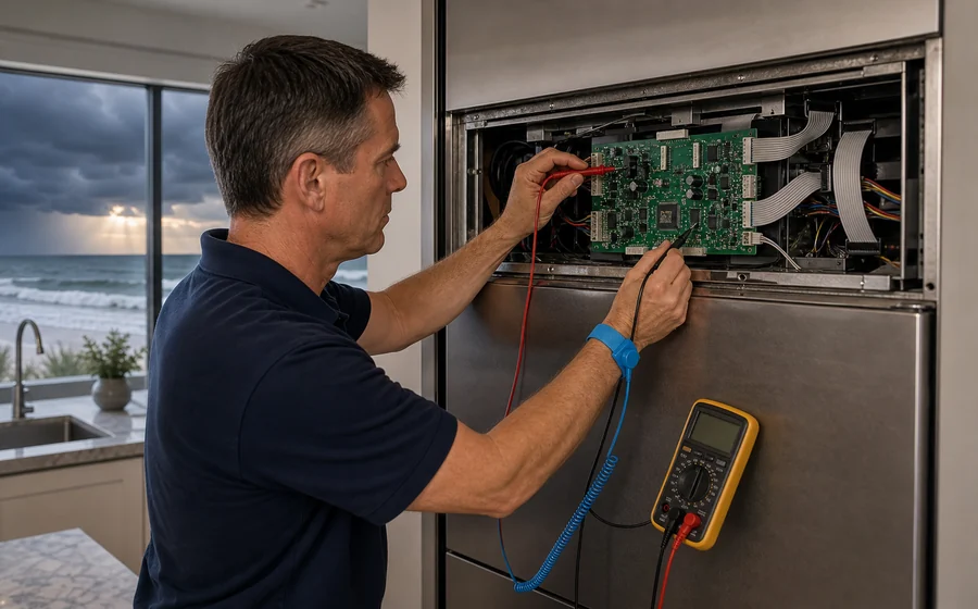 Technician reading stored EC50 and EC40 error history from a Sub-Zero BI-series control board in a Jacksonville Beach kitchen